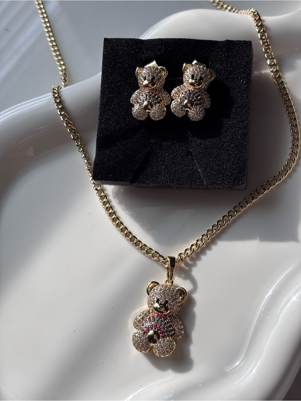 Gold Teddy Bear Pendant Necklace and Stud Earrings - Gold Multicolor Accents